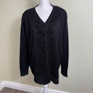 Nina Patrick Women's Sweater Wool Blend Black Cardigan Sz 2+ Beaded Button Front